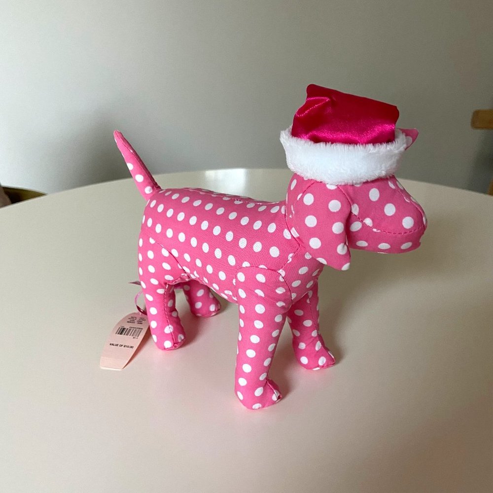 Victoria's Secret PINK pink and white polka dot santa dog stuffed animal